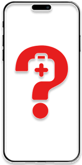 Contorno de um celular com o ícone do LifeTap no meio, que é uma interrogação com um kit médico dentro. Cor branca.